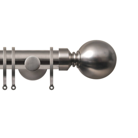 Contract 35mm curtain pole set with contemporary brackets and ball finials in brushed nickel