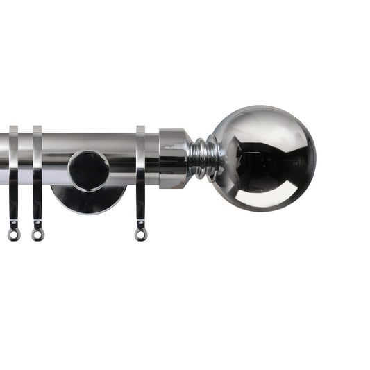 Contract 35mm curtain pole set with contemporary brackets and ball finials in polished silver
