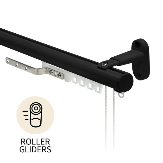 Motiva Round Corded contract curtain track in black with roller gliders