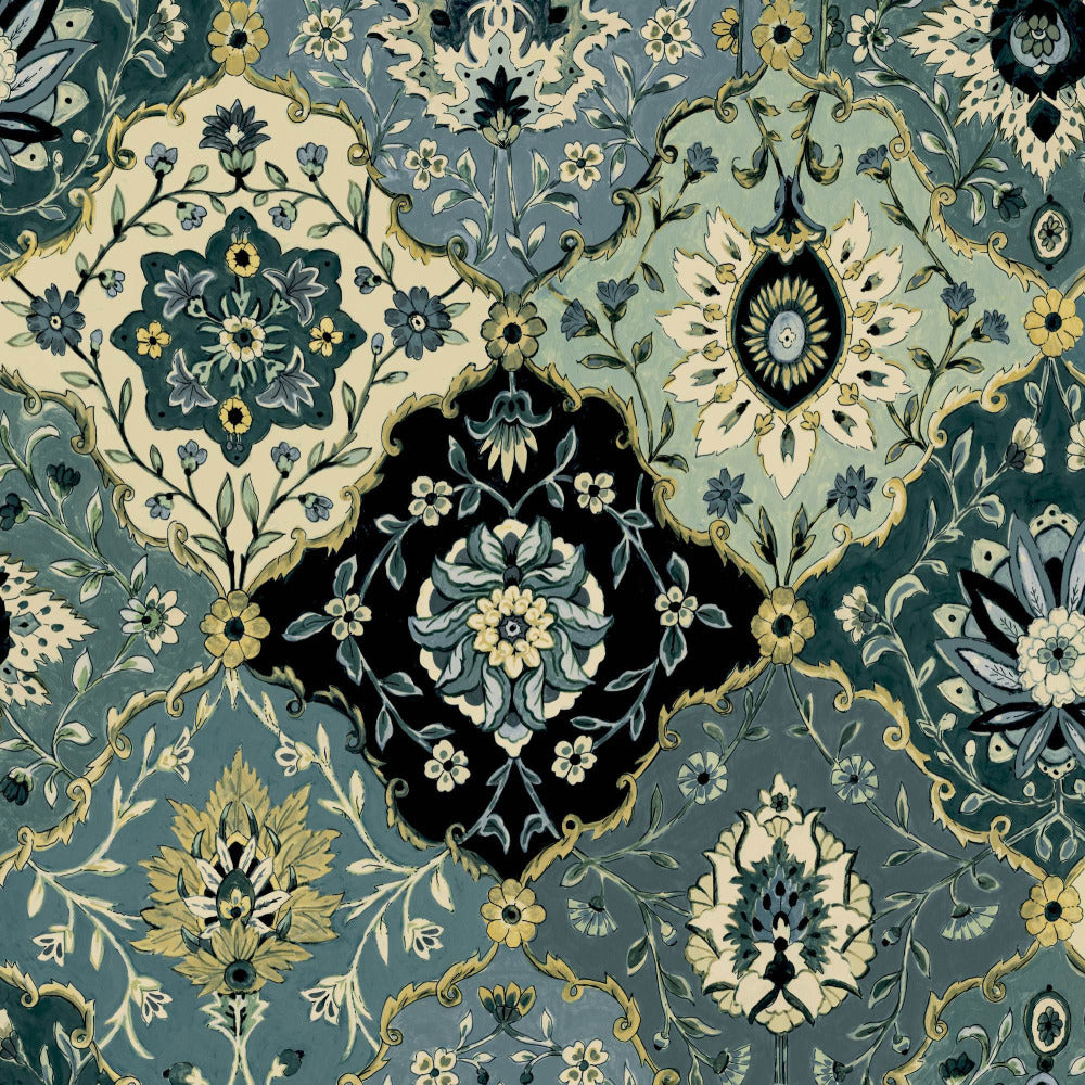 Mallion & Knowles Kashmir Teal/Jade Fire Retardant Curtains texture detail