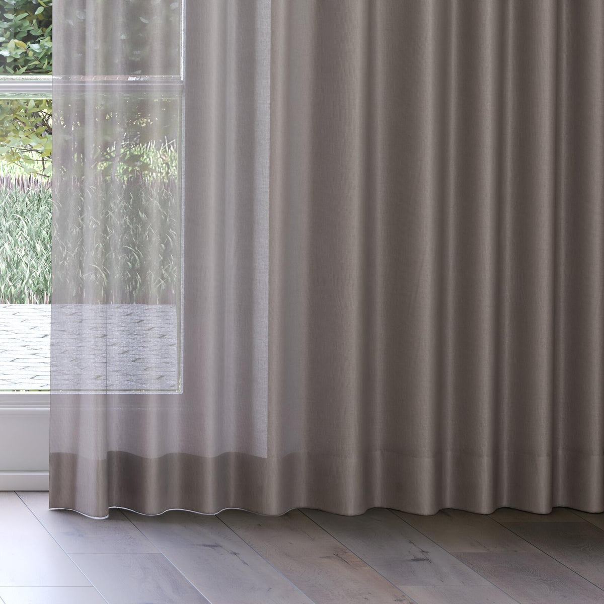 Sekers Barat Taupe fire retardant curtain fabric, view 3
