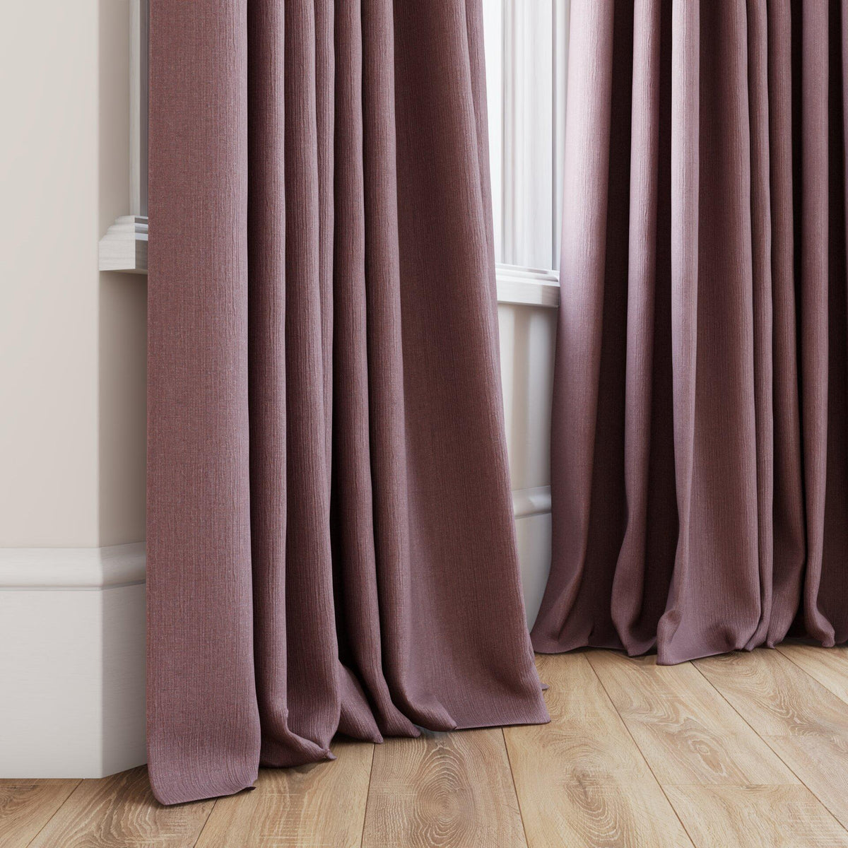 Sekers Glamis Mauve fire retardant curtain fabric made-up curtain