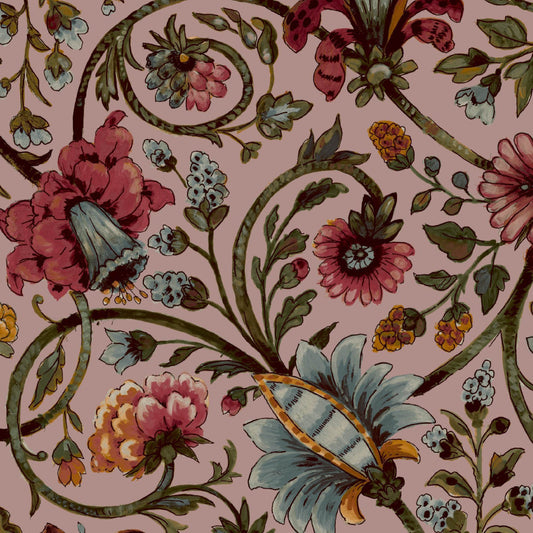 Mallion & Knowles Baroda Crimson/Pink Fire Retardant Curtains texture detail