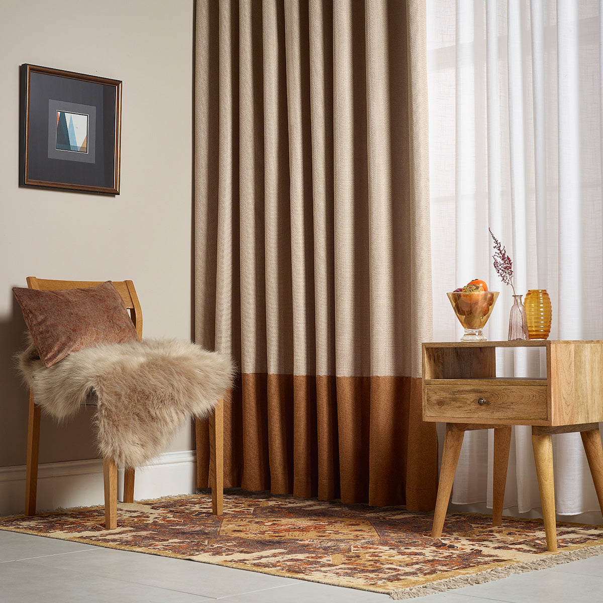 Sunbury Twilight FR Blackout curtains styled in an interior