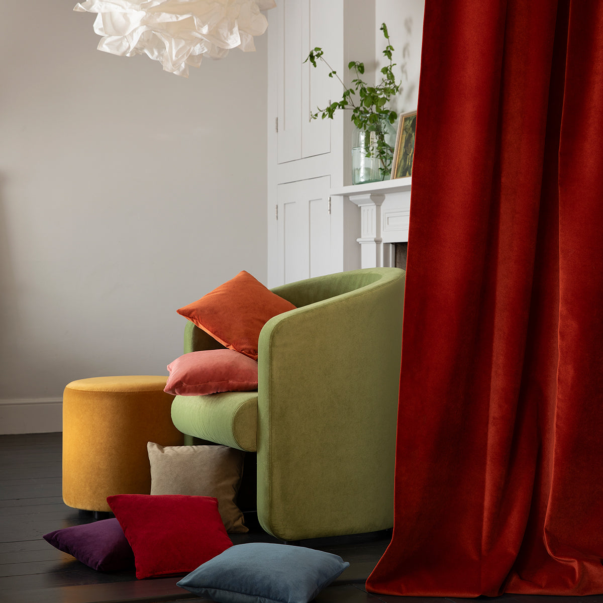 Sunbury Voyage Inherent FR Velvet curtains styled in an interior