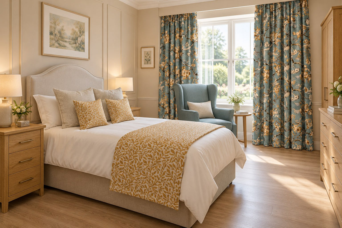Edinburgh Weavers Healthcare 2026 fabrics in a care home bedroom