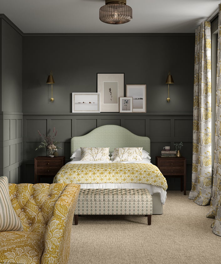 KAI Contract Harrogate fire retardant curtains and bedding in a bedroom setting