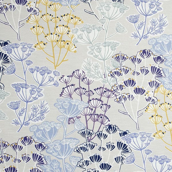 Flourish Cornflower/Gold Fire Retardant Curtain Fabric