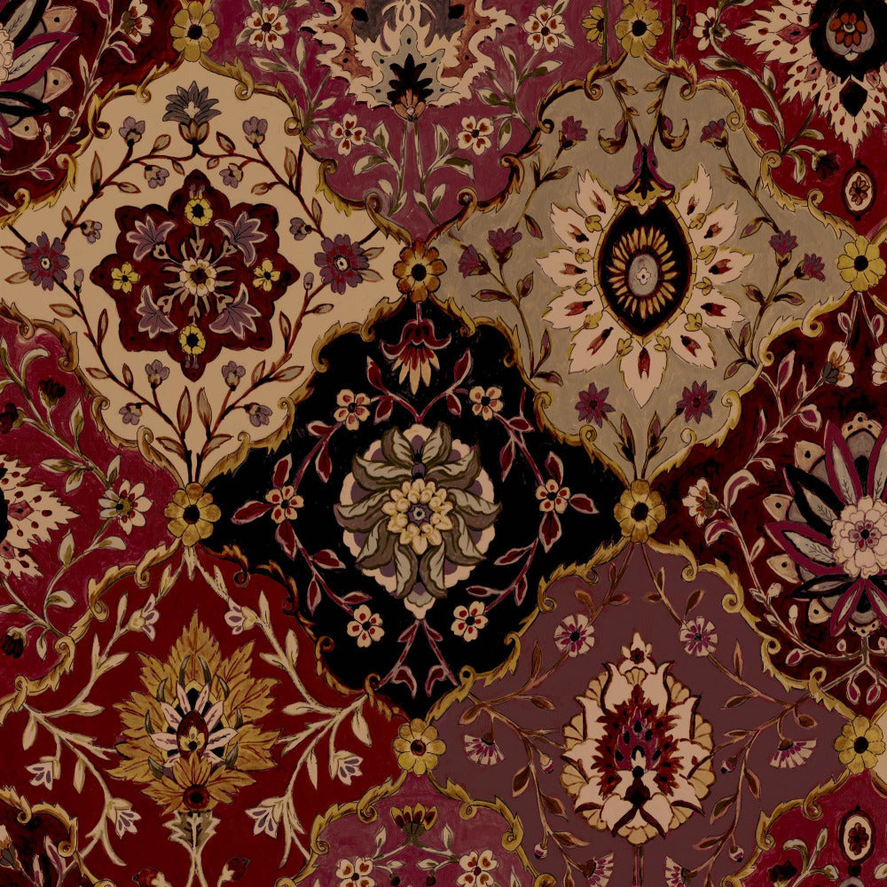 Mallion & Knowles Kashmir Crimson/Berry Fire Retardant Curtains texture detail