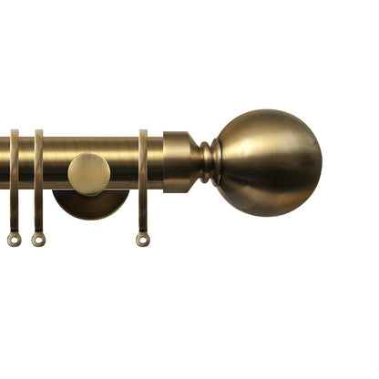 Contract 35mm curtain pole set with contemporary brackets and ball finials in antique brass