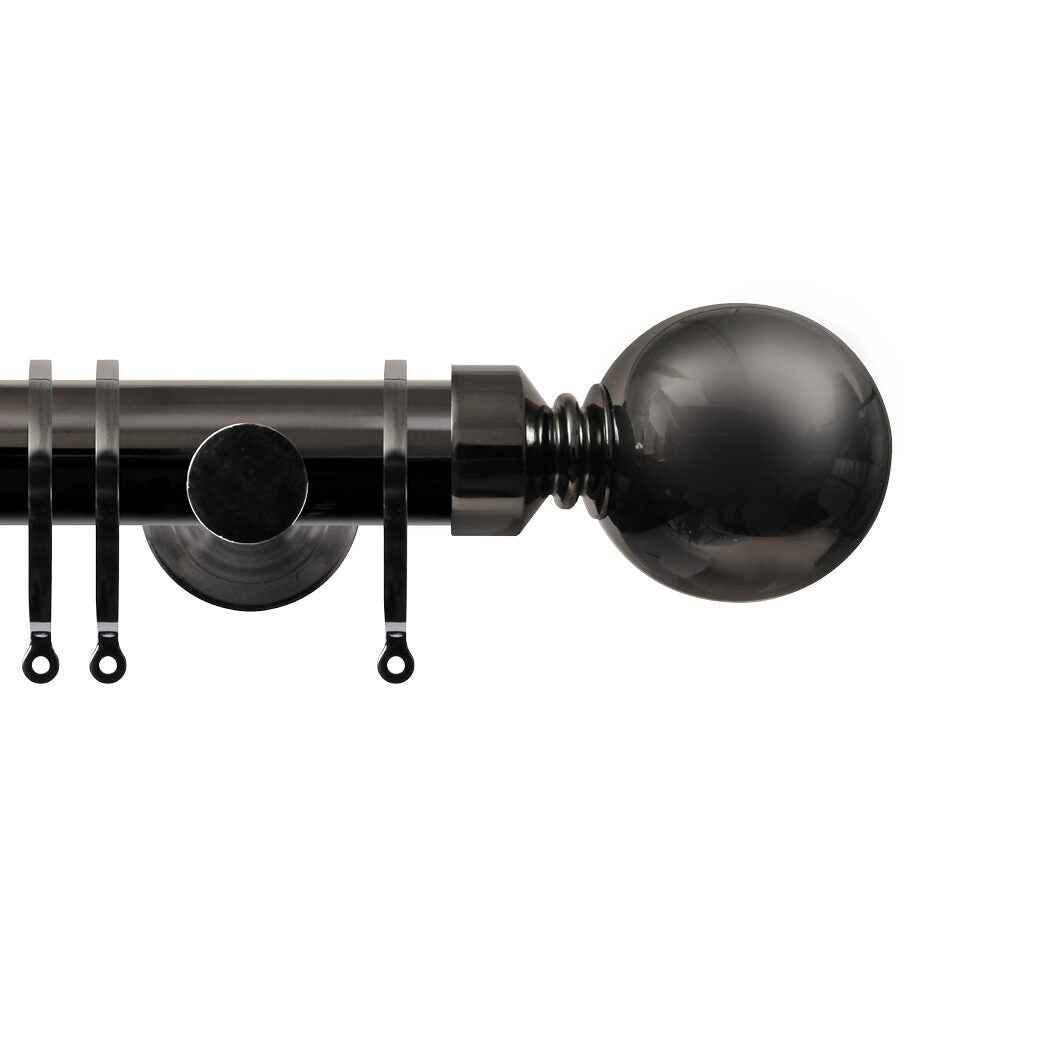 Contract 35mm curtain pole set with contemporary brackets and ball finials in black nickel