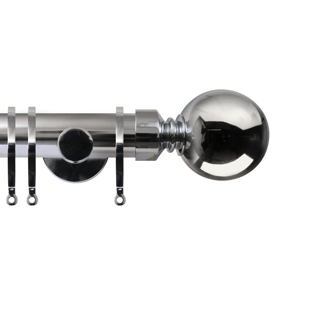 Contract 35mm curtain pole set with contemporary brackets and ball finials in polished silver