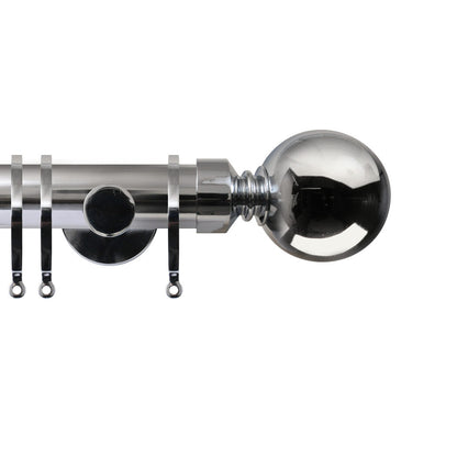 Contract 35mm curtain pole set with contemporary brackets and ball finials in polished silver