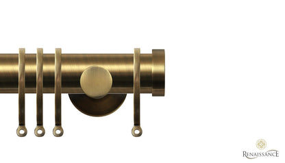 Contract 35mm curtain pole set with contemporary brackets and end cap finials in antique brass