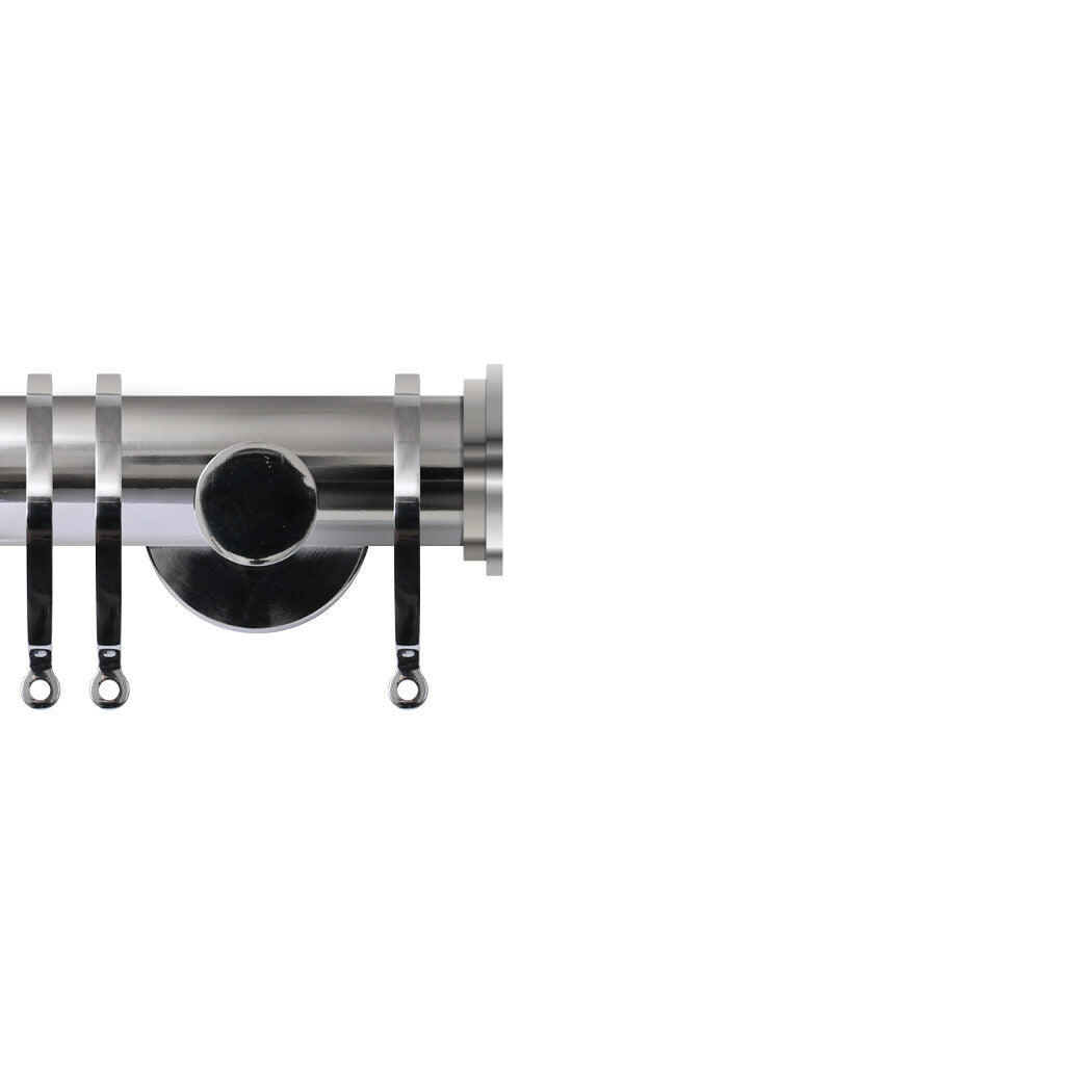 Contract 35mm curtain pole set with contemporary brackets and end cap finials in polished silver