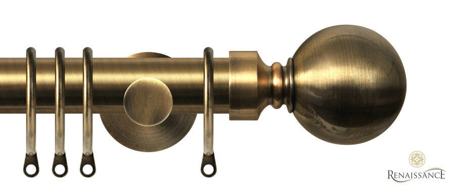 Renaissance Contract 28mm curtain pole kit in Antique Brass with Contemporary brackets and Ball finials