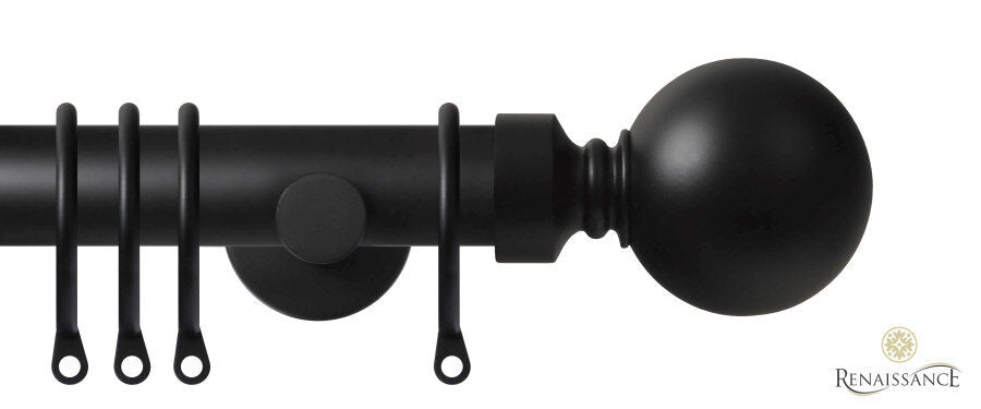 Renaissance Contract 28mm curtain pole kit in Matt Black with Contemporary brackets and Ball finials