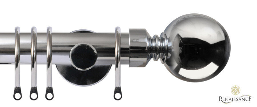 Renaissance Contract 28mm curtain pole kit in Polished Silver with Contemporary brackets and Ball finials