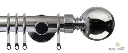 Renaissance Contract 28mm curtain pole kit in Polished Silver with Contemporary brackets and Ball finials