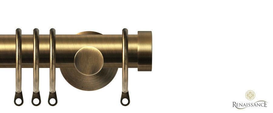 Renaissance Contract 28mm curtain pole kit in Antique Brass with Contemporary brackets and End Cap finials