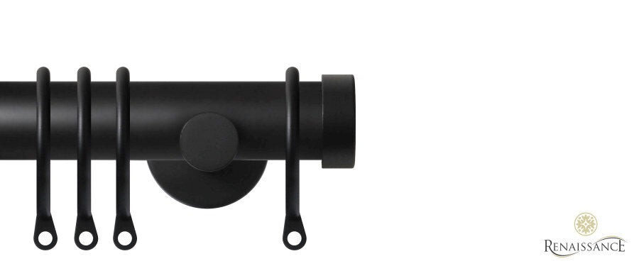Renaissance Contract 28mm curtain pole kit in Matt Black with Contemporary brackets and End Cap finials