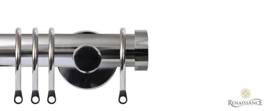 Renaissance Contract 28mm curtain pole kit in Polished Silver with Contemporary brackets and End Cap finials