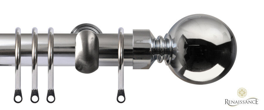 Renaissance Contract 28mm curtain pole kit in Polished Silver with Extendable brackets and Ball finials