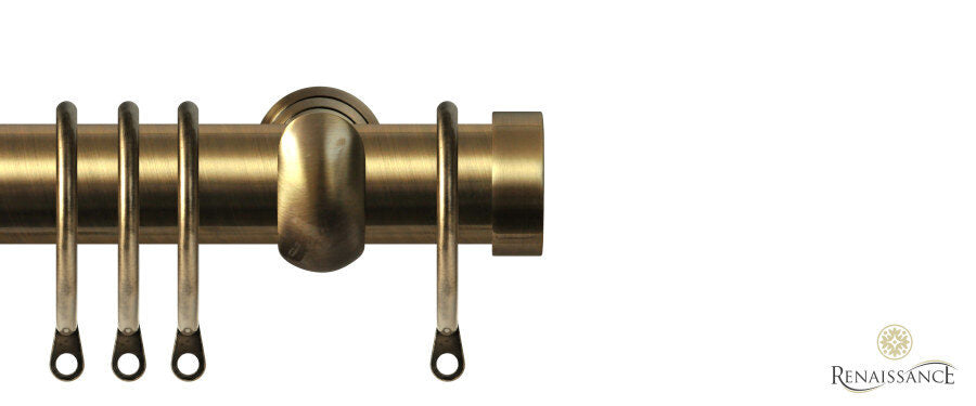 Renaissance Contract 28mm curtain pole kit in Antique Brass with Extendable brackets and End Cap finials