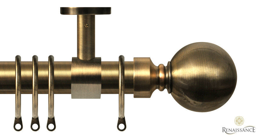 Renaissance Contract 28mm curtain pole kit in Antique Brass with Ceiling brackets and Ball finials