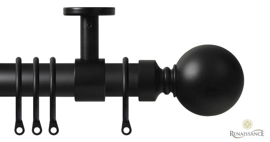 Renaissance Contract 28mm curtain pole kit in Matt Black with Ceiling brackets and Ball finials