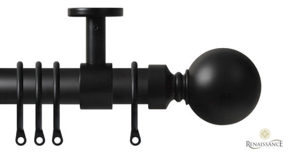Renaissance Contract 28mm curtain pole kit in Matt Black with Ceiling brackets and Ball finials