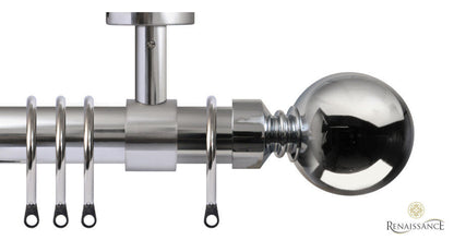 Renaissance Contract 28mm curtain pole kit in Polished Silver with Ceiling brackets and Ball finials