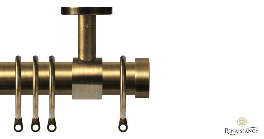 Renaissance Contract 28mm curtain pole kit in Antique Brass with Ceiling brackets and End Cap finials