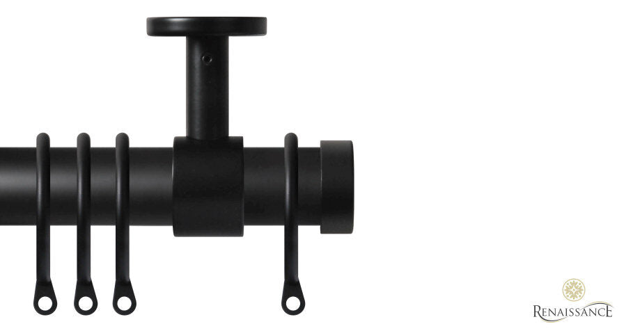Renaissance Contract 28mm curtain pole kit in Matt Black with Ceiling brackets and End Cap finials