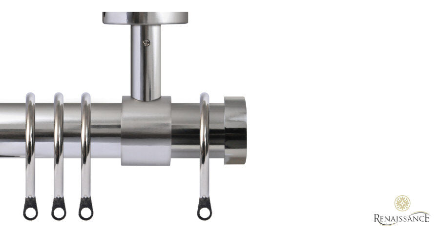 Renaissance Contract 28mm curtain pole kit in Polished Silver with Ceiling brackets and End Cap finials