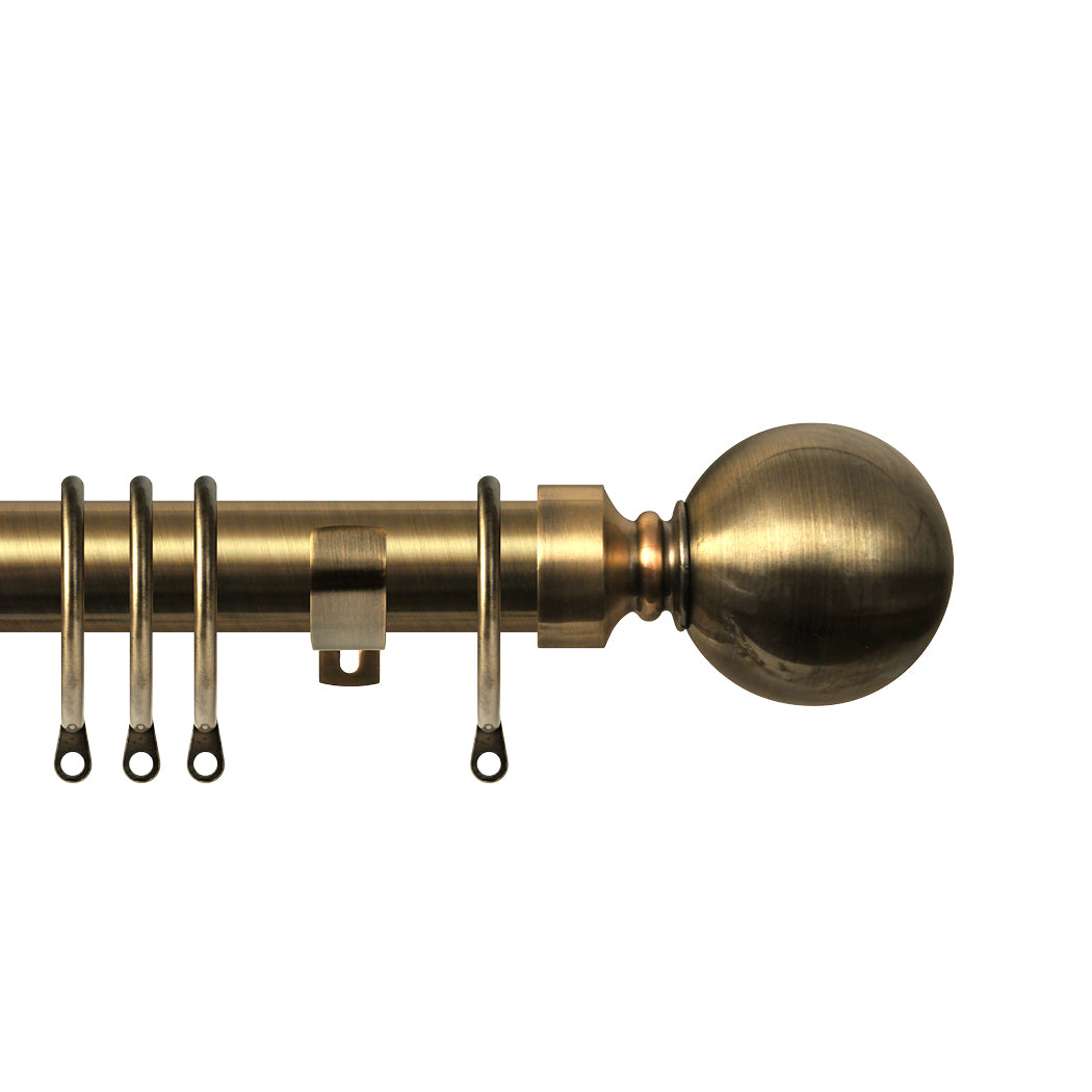 Renaissance Contract 28mm curtain pole kit in Antique Brass with Long L brackets and Ball finials