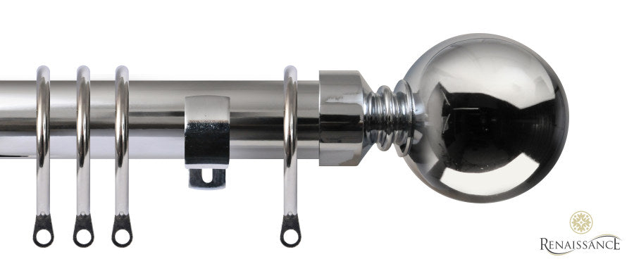 Renaissance Contract 28mm curtain pole kit in Polished Silver with Short L brackets and Ball finials