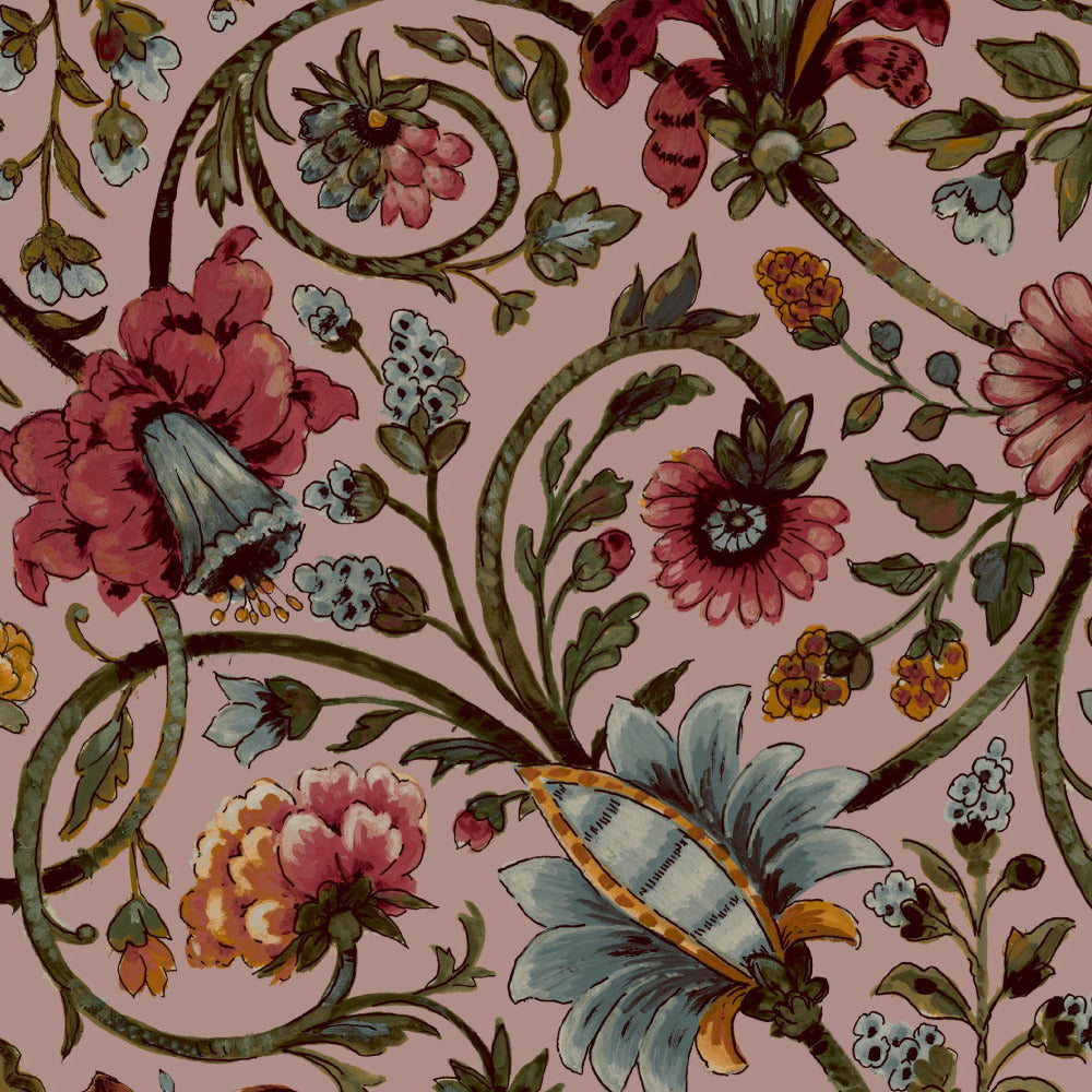 Mallion & Knowles Baroda Crimson/Pink Fire Retardant Curtains texture detail