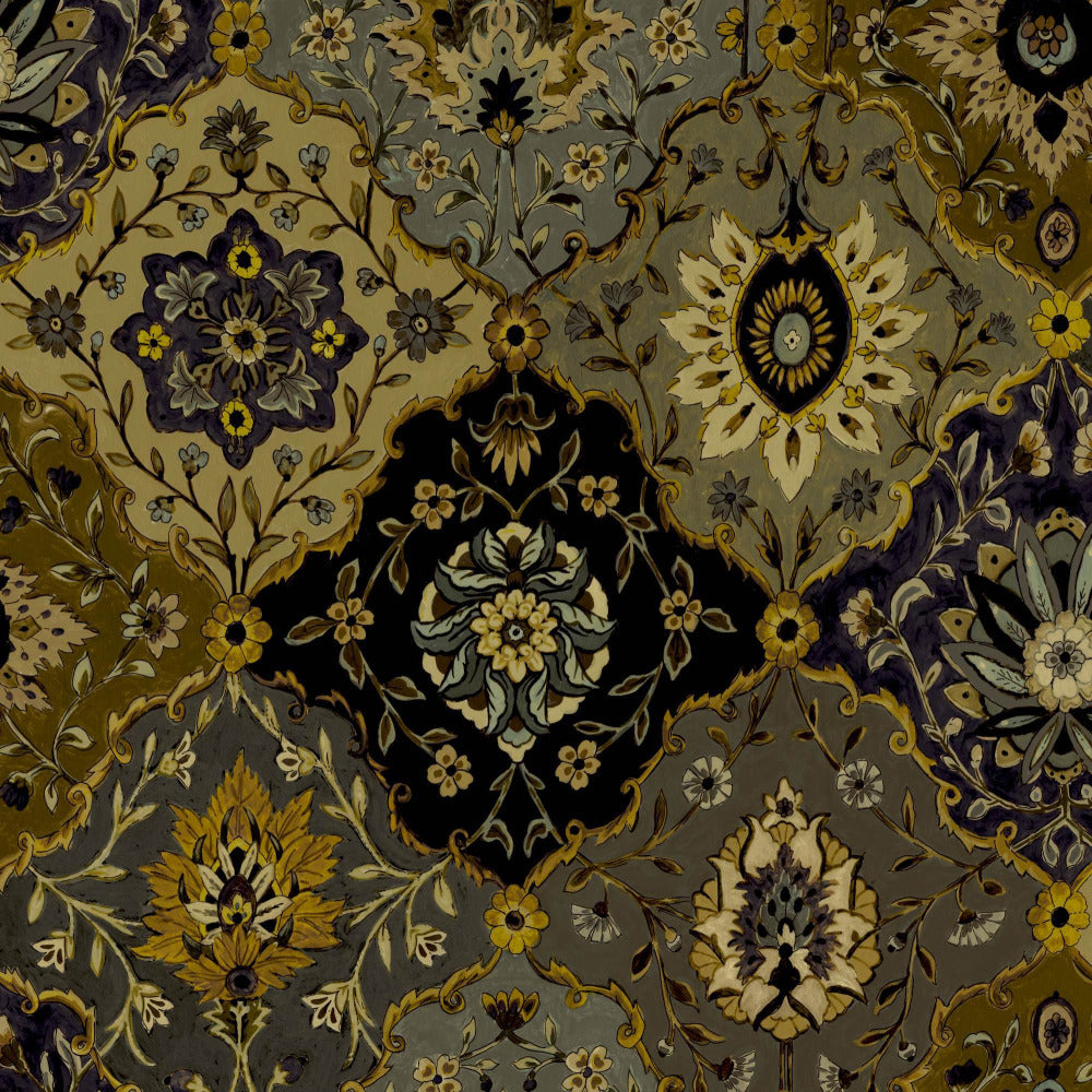 Mallion & Knowles Kashmir Charcoal/Gold Fire Retardant Curtains texture detail