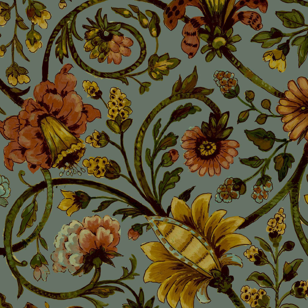 Mallion & Knowles Baroda Amber/Sage Fire Retardant Curtains texture detail