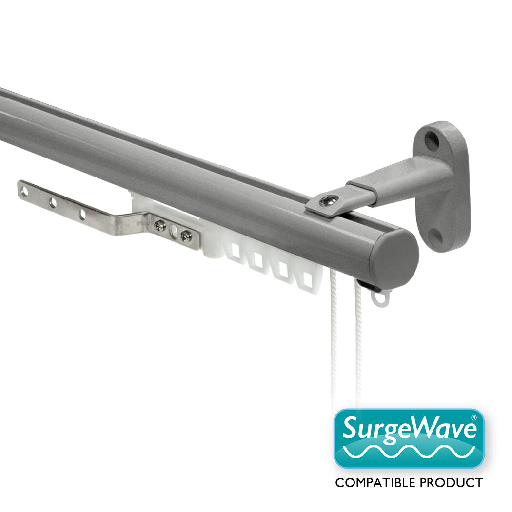 Motiva Round Corded contract curtain track in silver with 60mm SurgeWave gliders