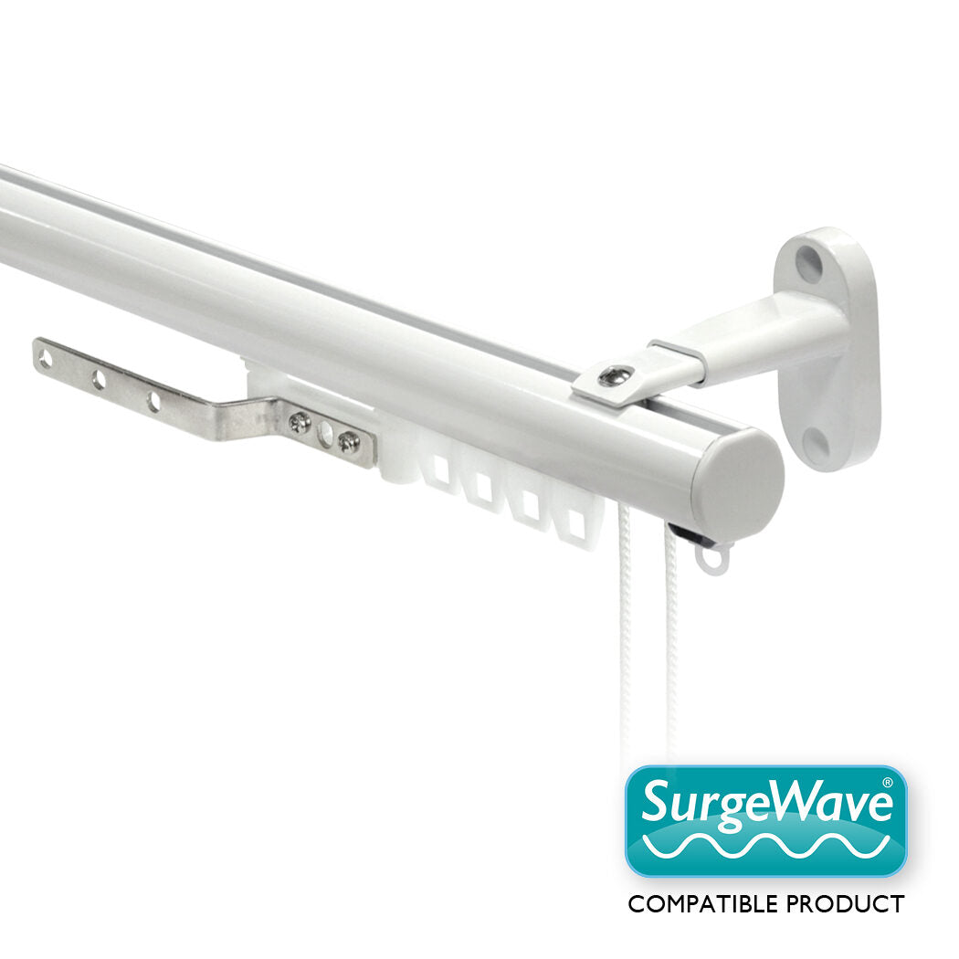 Motiva Round Corded contract curtain track in white with 60mm SurgeWave gliders