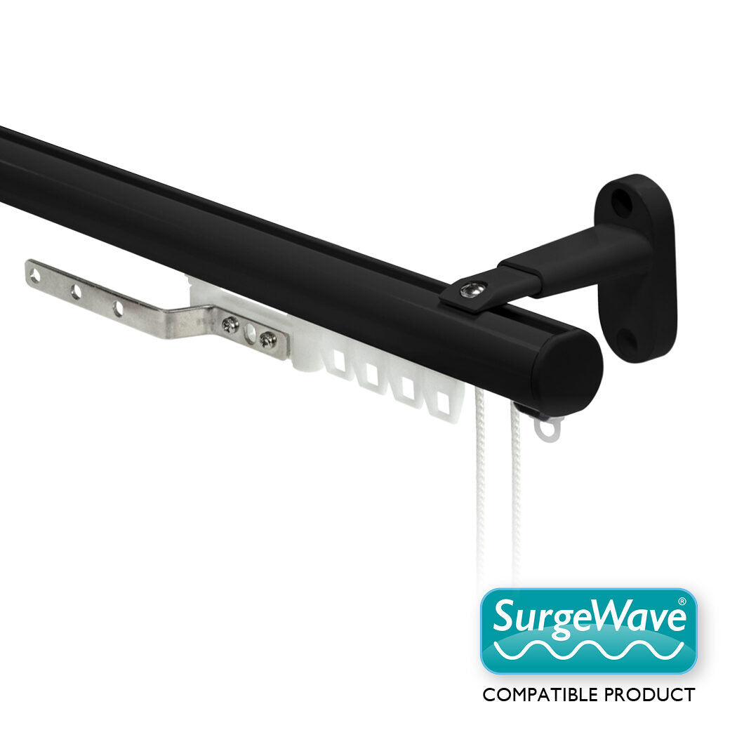 Motiva Round Corded contract curtain track in black with 80mm SurgeWave gliders