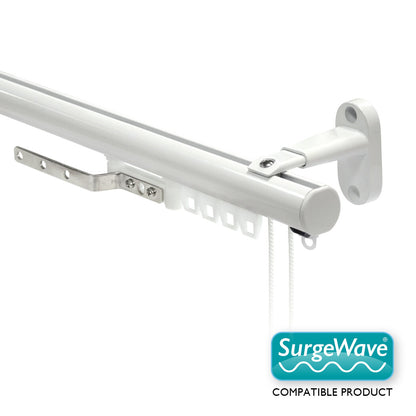 Motiva Round Corded contract curtain track in white with 80mm SurgeWave gliders