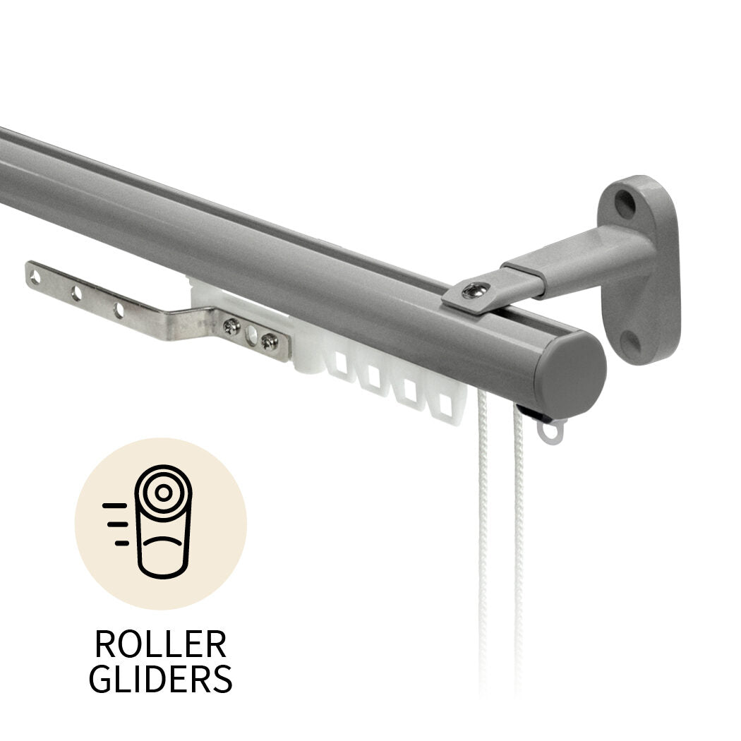 Motiva Round Corded contract curtain track in silver with roller gliders