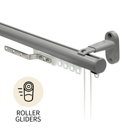 Motiva Round Corded contract curtain track in silver with roller gliders
