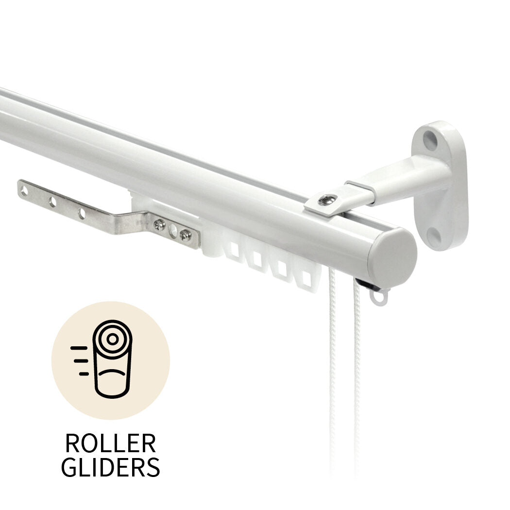 Motiva Round Corded contract curtain track in white with roller gliders