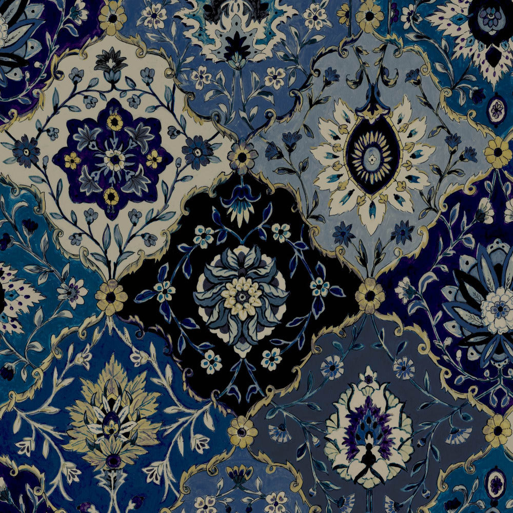 Mallion & Knowles Kashmir Navy/Cobalt Fire Retardant Curtains texture detail