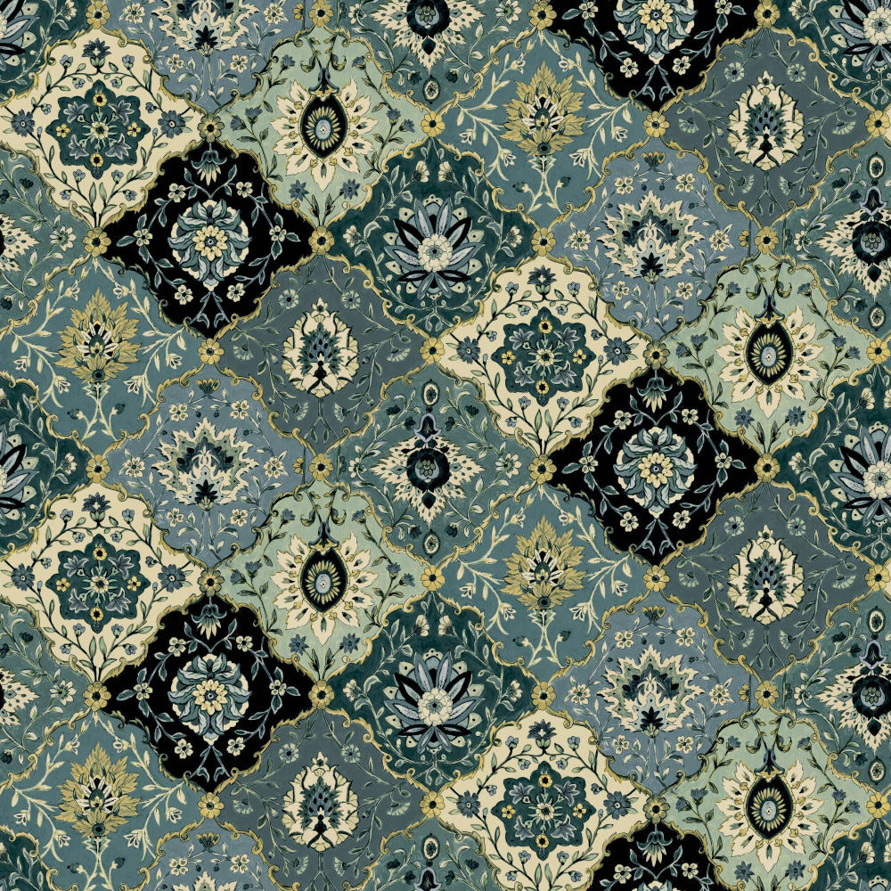 Mallion & Knowles Kashmir Teal/Jade Fire Retardant Curtains
