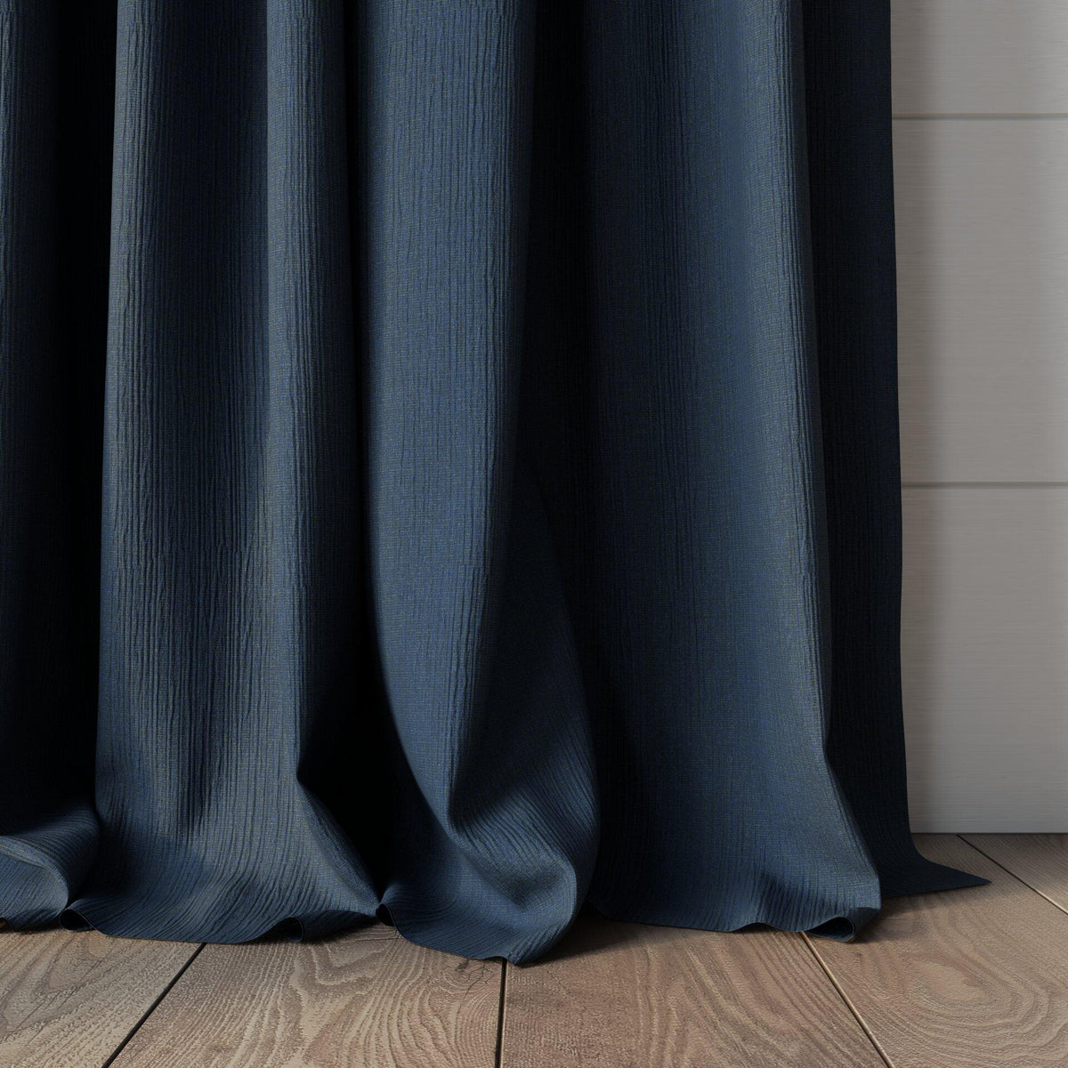 Sekers Glamis Bluebell fire retardant curtain fabric made-up curtain
